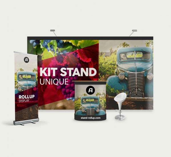 Kit stand Xtension 18 m2 : 2 parapluies Xtension, 1 comptoir et 1 roll-up